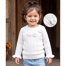 Babyhug Knit Full Sleeves Solid Colour Pullover with Cable Knit Design & Floral Applique-White