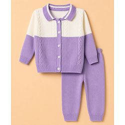 Babyhug Knit Full Sleeves Sweater Set With Cable Knit Design - Purple