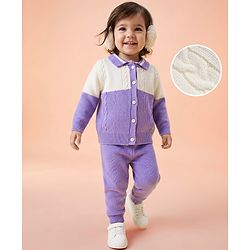Babyhug Knit Full Sleeves Sweater Set With Cable Knit Design - Purple