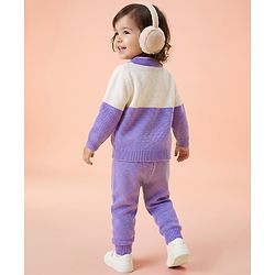 Babyhug Knit Full Sleeves Sweater Set With Cable Knit Design - Purple