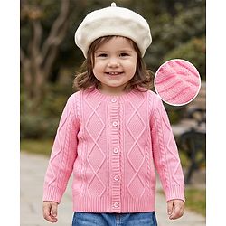 Babyhug Knit Full Sleeves Front Open Sweater With Cable Knit Design - Pink