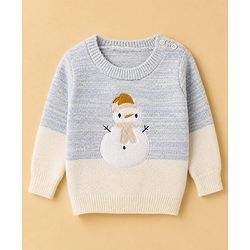 Babyhug Cotton Knit Full Sleeves Pullover With Snowman Applique - Sky Blue