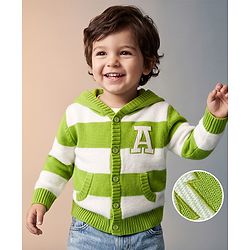Babyhug Knit Full Sleeves Striped Hooded Front Open Sweater with Text Badge - Green