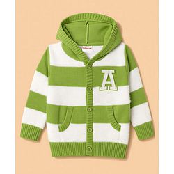 Babyhug Knit Full Sleeves Striped Hooded Front Open Sweater with Text Badge - Green