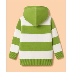 Babyhug Knit Full Sleeves Striped Hooded Front Open Sweater with Text Badge - Green