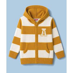 Babyhug Knit Full Sleeves Striped Hooded Front Open Sweater with Text Badge - Yellow