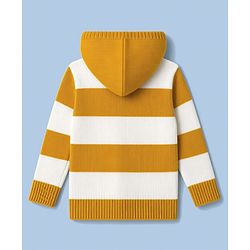 Babyhug Knit Full Sleeves Striped Hooded Front Open Sweater with Text Badge - Yellow