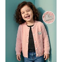 Babyhug  Knit Full Sleeves Front Open Sweater with Heart Design -Pink