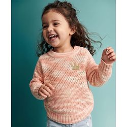 Babyhug Knit Full Sleeves Pullovers With Crown Applique - Peach