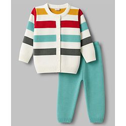 Babyhug Knit Full Sleeves Front Open Sweater Set with Stripes - White