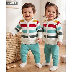 Babyhug Knit Full Sleeves Front Open Sweater Set with Stripes - White
