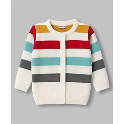 Babyhug Knit Full Sleeves Front Open Sweater Set with Stripes - White