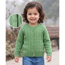 Babyhug  Knit Full Sleeves Front Open Solid Colour Sweaters with Cable Knit Design - Green