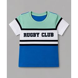 Babyhug Cotton Knit Half Sleeves T-Shirt with Rugby Club Patch - Blue