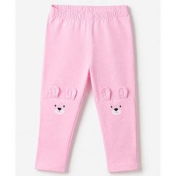 Babyhug Cotton Lycra Elastane Knit Leggings with Full Length and Bear Print& Applique - Pink