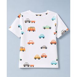 Babyhug 100% Cotton Knit Henley T-Shirt with Half Sleeves and Vehicles Print - White
