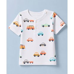 Babyhug 100% Cotton Knit Henley T-Shirt with Half Sleeves and Vehicles Print - White