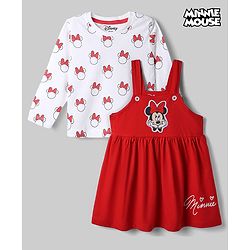Babyhug Disney Single Jersey Knit Full Sleeves Frock With Inner Tee and Minnie Mouse Graphic - Red & White