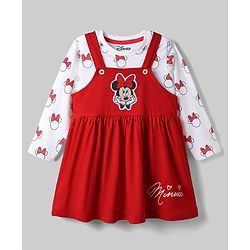 Babyhug Disney Single Jersey Knit Full Sleeves Frock With Inner Tee and Minnie Mouse Graphic - Red & White