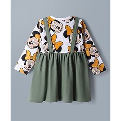 Babyhug Disney Cotton Single Jersey Knit Full Sleeves Minnie Mouse Printed Frock - White & Green