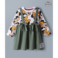 Babyhug Disney Cotton Single Jersey Knit Full Sleeves Minnie Mouse Printed Frock - White & Green