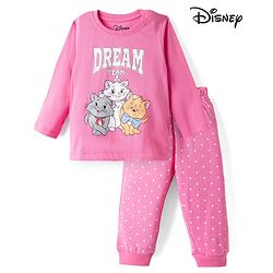 Babyhug Disney Single Jersey Knit Full Sleeves T-shirt & Pyjama Night Suit With Marie Graphic & Polka Dot Print -Pink
