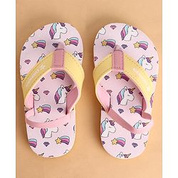 Cute Walk by Babyhug Back Strap Closure Flip Flops With Unicorn Print - Purple & Yellow