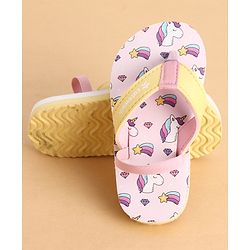 Cute Walk by Babyhug Back Strap Closure Flip Flops With Unicorn Print - Purple & Yellow