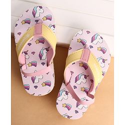 Cute Walk by Babyhug Back Strap Closure Flip Flops With Unicorn Print - Purple & Yellow