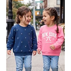 Babyhug Heavy Gauge 100% Cotton Terry Knit Full Sleeves Sweatshirts With Bow & Text Print Pack of 2 - Navy & Pink