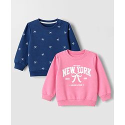 Babyhug Heavy Gauge 100% Cotton Terry Knit Full Sleeves Sweatshirts With Bow & Text Print Pack of 2 - Navy & Pink
