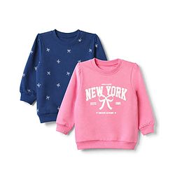 Babyhug Heavy Gauge 100% Cotton Terry Knit Full Sleeves Sweatshirts With Bow & Text Print Pack of 2 - Navy & Pink