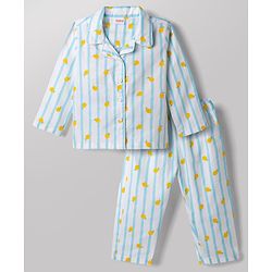 Babyhug 100% Cotton Knit Full Sleeves Striped & Tropical Theme Printed Co-Ords Shirt & Pyjama Night Suit - Light Blue