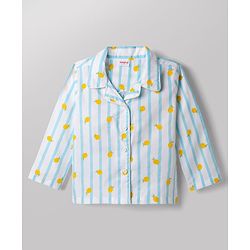 Babyhug 100% Cotton Knit Full Sleeves Striped & Tropical Theme Printed Co-Ords Shirt & Pyjama Night Suit - Light Blue