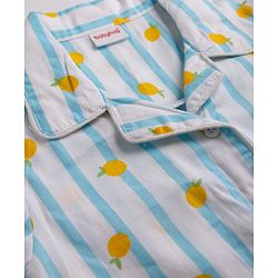 Babyhug 100% Cotton Knit Full Sleeves Striped & Tropical Theme Printed Co-Ords Shirt & Pyjama Night Suit - Light Blue
