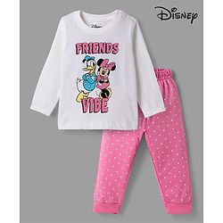 Babyhug Disney Single Jersey Knit Full Sleeves T-shirt & Pyjama Night Suit With Minnie Mouse & Donald Duck Graphic & Polka Dot Print - Pink
