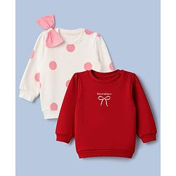 Babyhug Heavy Gauge 100% Cotton Terry Knit Full Sleeves Sweatshirts With Bow, Polka dot & Text Print Pack of 2 - White & Red