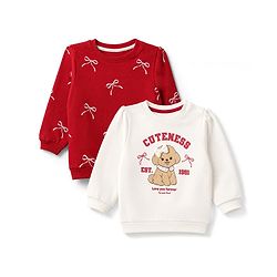 Babyhug Heavy Gauge 100% Cotton Terry Knit Full Sleeves Sweatshirts With Bow & Puppy Print Pack of 2 - Red & Beige