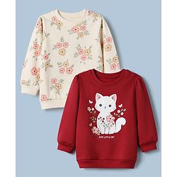 Babyhug Heavy Gauge 100% Cotton Terry Knit Full Sleeves Sweatshirts with Marie & Floral Print Pack of 2 - Red & Cream