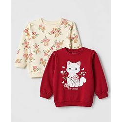 Babyhug Heavy Gauge 100% Cotton Terry Knit Full Sleeves Sweatshirts with Marie & Floral Print Pack of 2 - Red & Cream