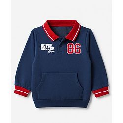 Babyhug 100% Cotton Heavy Gauge Terry Knit Collared Sweatshirt with Full Sleeves and 86 Embroidery with Kangaroo Pockets - Navy Blue