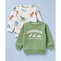Babyhug Heavy Gauge 100% Cotton Terry Knit Full Sleeves Sweatshirts With Dinosaur and Text Print Pack of 2 - White & Green