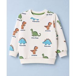 Babyhug Heavy Gauge 100% Cotton Terry Knit Full Sleeves Sweatshirts With Dinosaur and Text Print Pack of 2 - White & Green