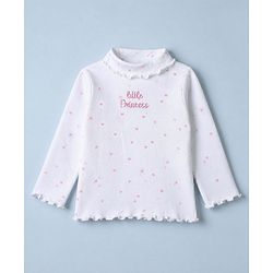 Babyhug Cotton Knit Winter T-Shirt with Full Sleeves, Little Princess Embroidery and Hearts Print in White
