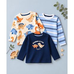 Babyhug 100% Cotton Knit Full Sleeves T-Shirts With Animal Print Pack of 3 in Navy Blue Peach