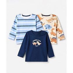 Babyhug 100% Cotton Knit Full Sleeves T-Shirts With Animal Print Pack of 3 in Navy Blue Peach