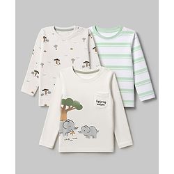 Babyhug 100% Cotton Knit Full Sleeves Striped T-Shirts with Elephant Trees Print Pack of 3 - White & Offwhite