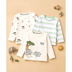 Babyhug 100% Cotton Knit Full Sleeves Striped T-Shirts with Elephant Trees Print Pack of 3 - White & Offwhite