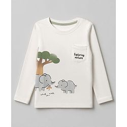 Babyhug 100% Cotton Knit Full Sleeves Striped T-Shirts with Elephant Trees Print Pack of 3 - White & Offwhite
