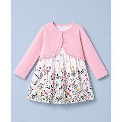 Babyhug Poplin Woven Frock and Full Sleeve Shrug with Floral Print - White & Pink